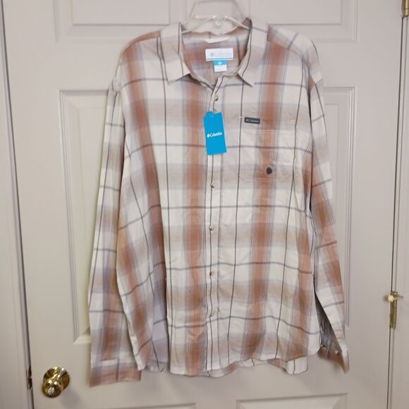Columbia Men's Button Front Shirt NWT Neutral Tan Brown Long Sleeve Pockets 2XL - Picture 1 of 6